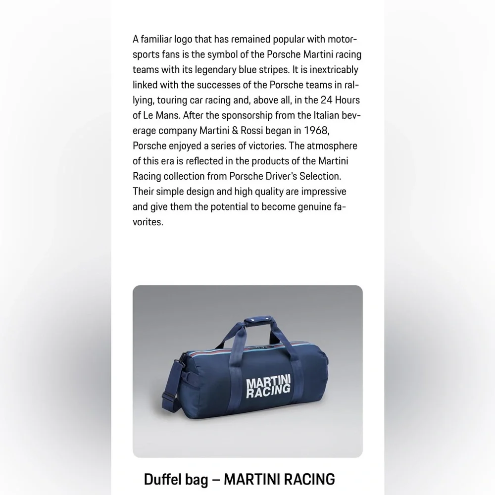 NWOT Porsche Sports Bag Martini Racing Collection Duffel